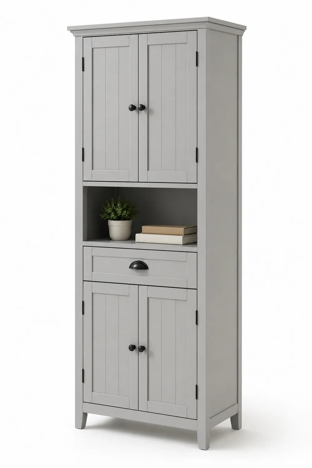 Armario alto de madera gris con puertas y cajón, 180x60x40 cm