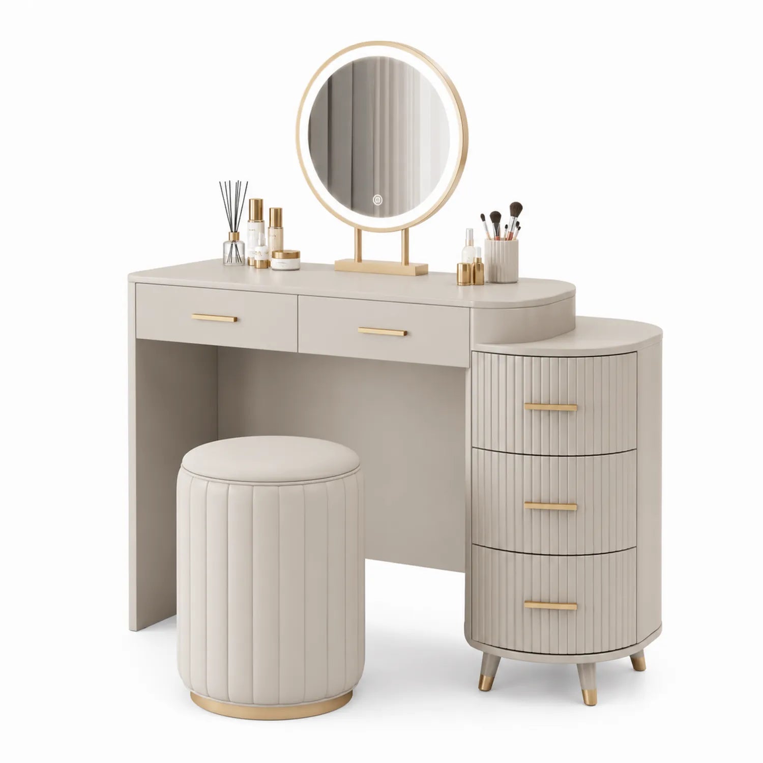 Tocador de Madera con Espejo Redondo y Taburete de PU Beige