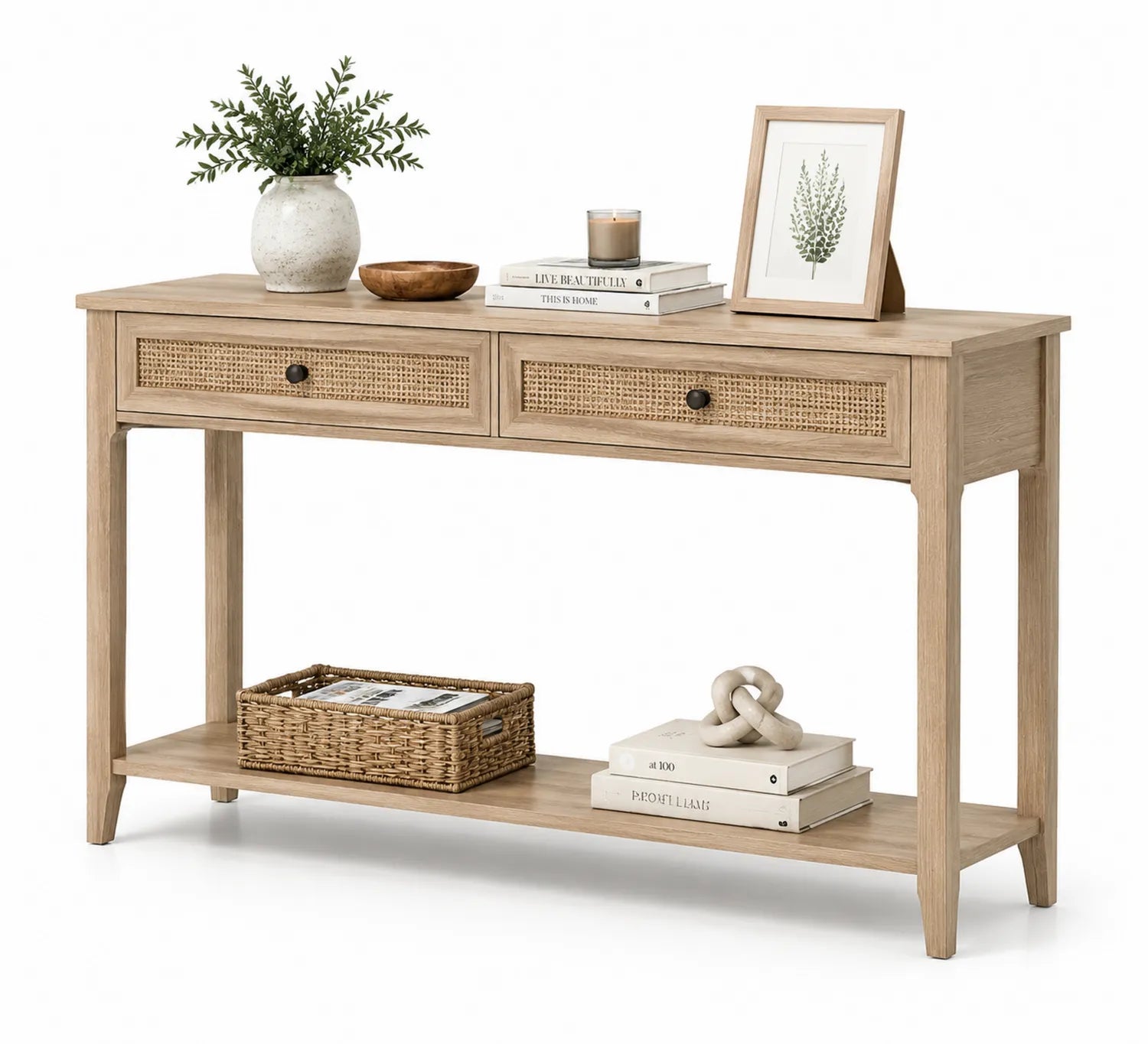 Consola de madera con detalles de ratán 120x30x80 cm