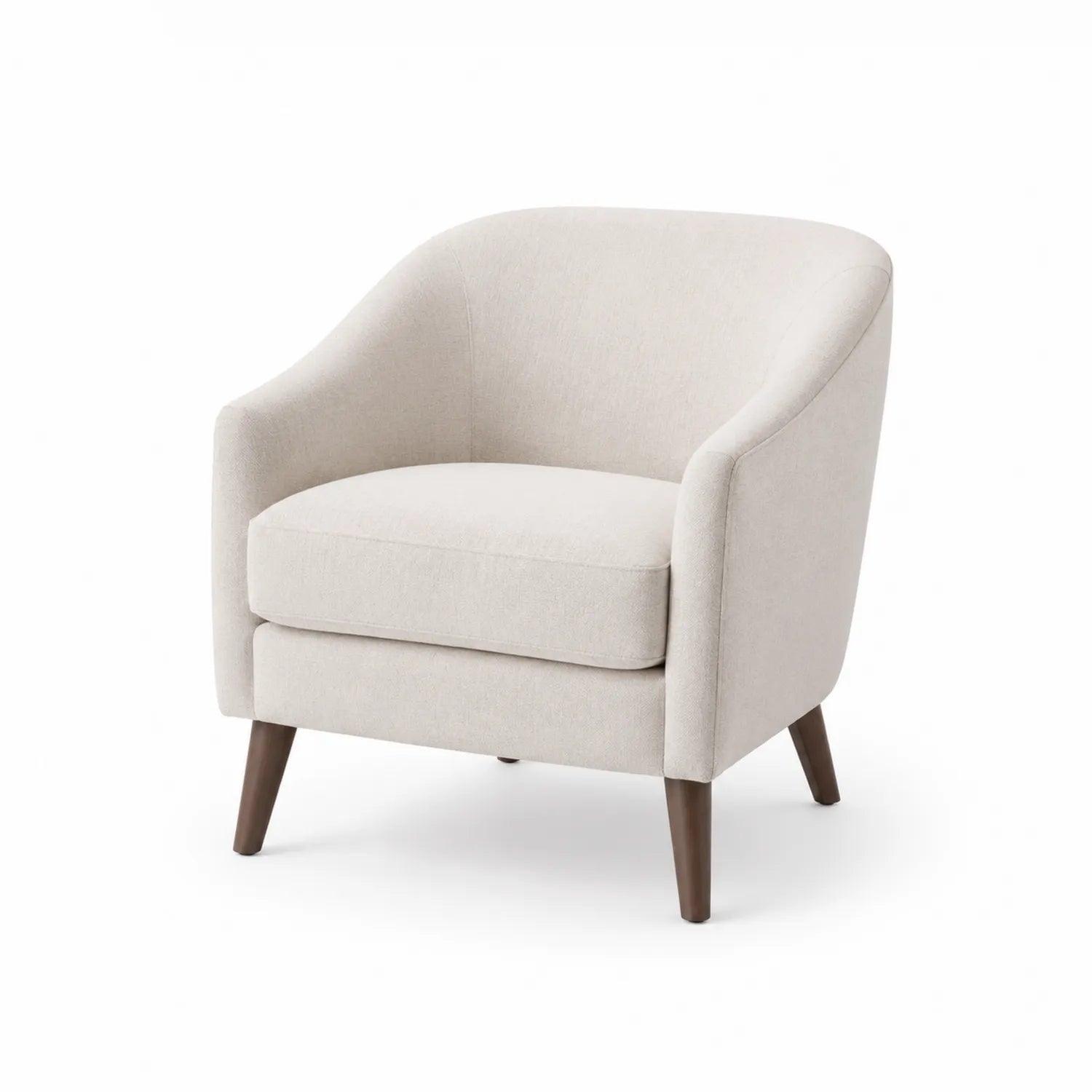 Sillón de tela beige con patas de madera