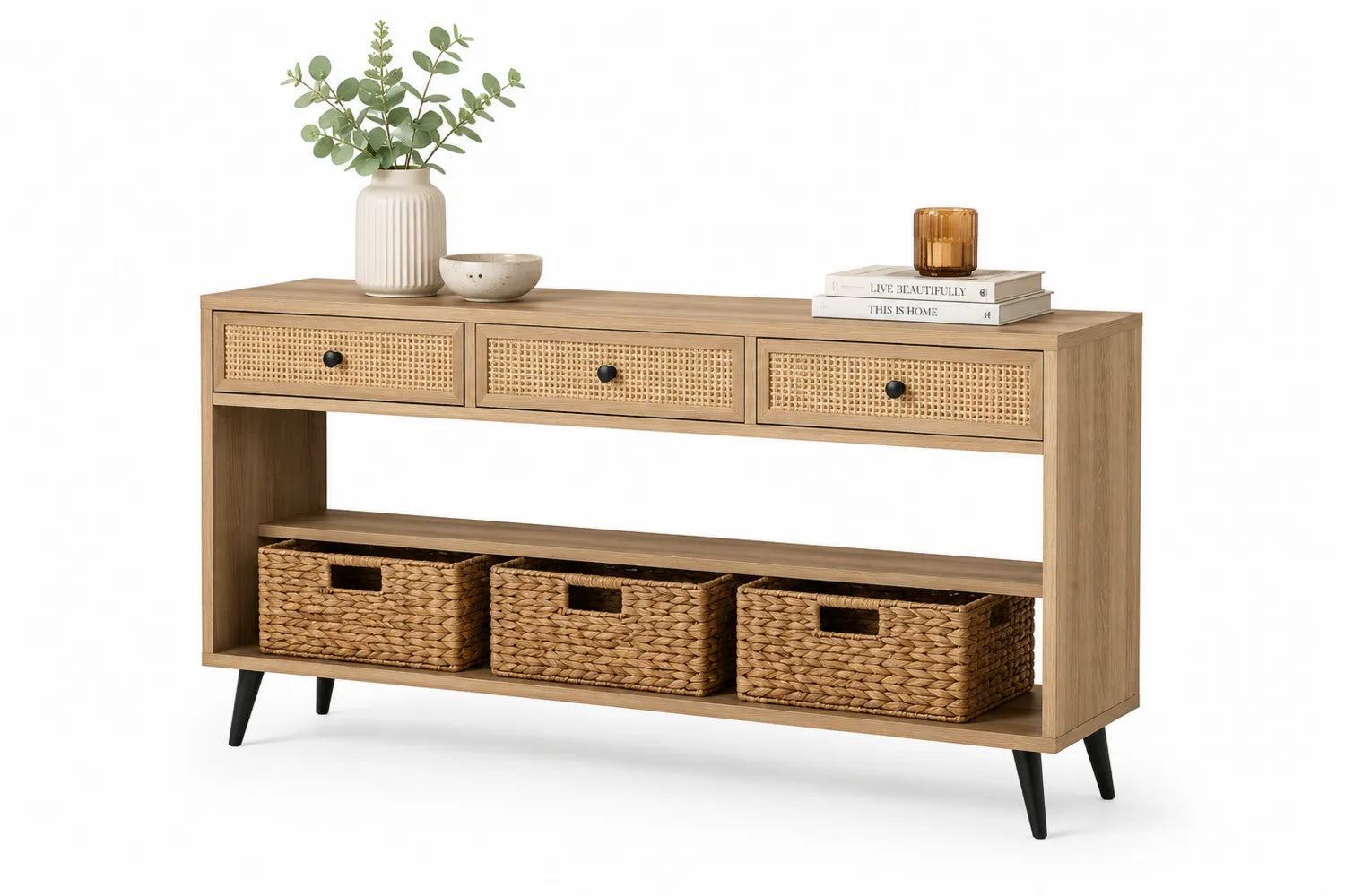 Consola de Madera Natural con Cajones de Ratán y Estante
