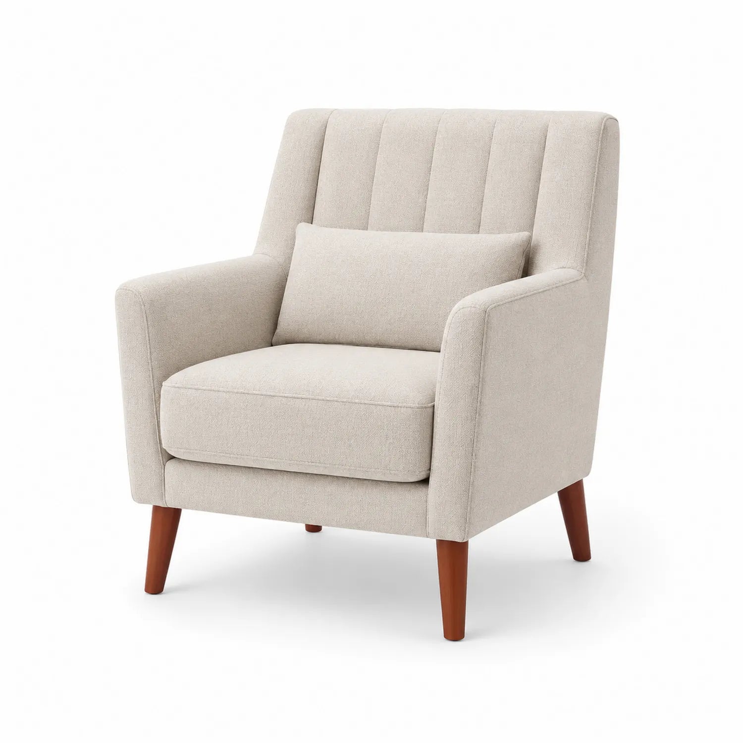 Sillón de tela poliéster beige con patas de madera de haya
